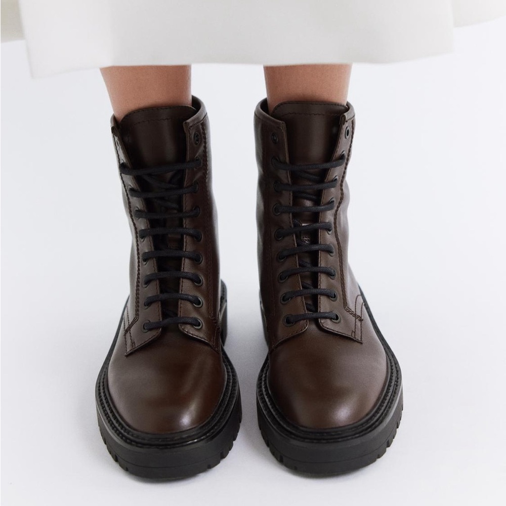 Zara Brown Lace Up Platform Ankle Size EU 39 US 8 Combat Biker Lug Chunky Boots - Picture 3 of 9